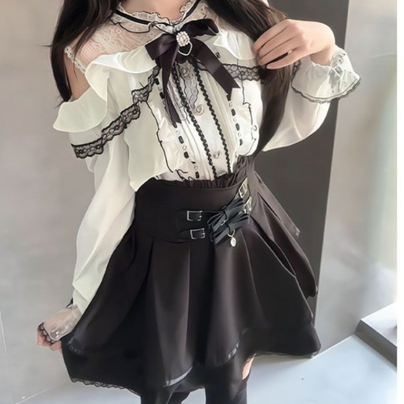 Blouse Off Shoulder - Japonês gótico y2k lolita estilo conjunto